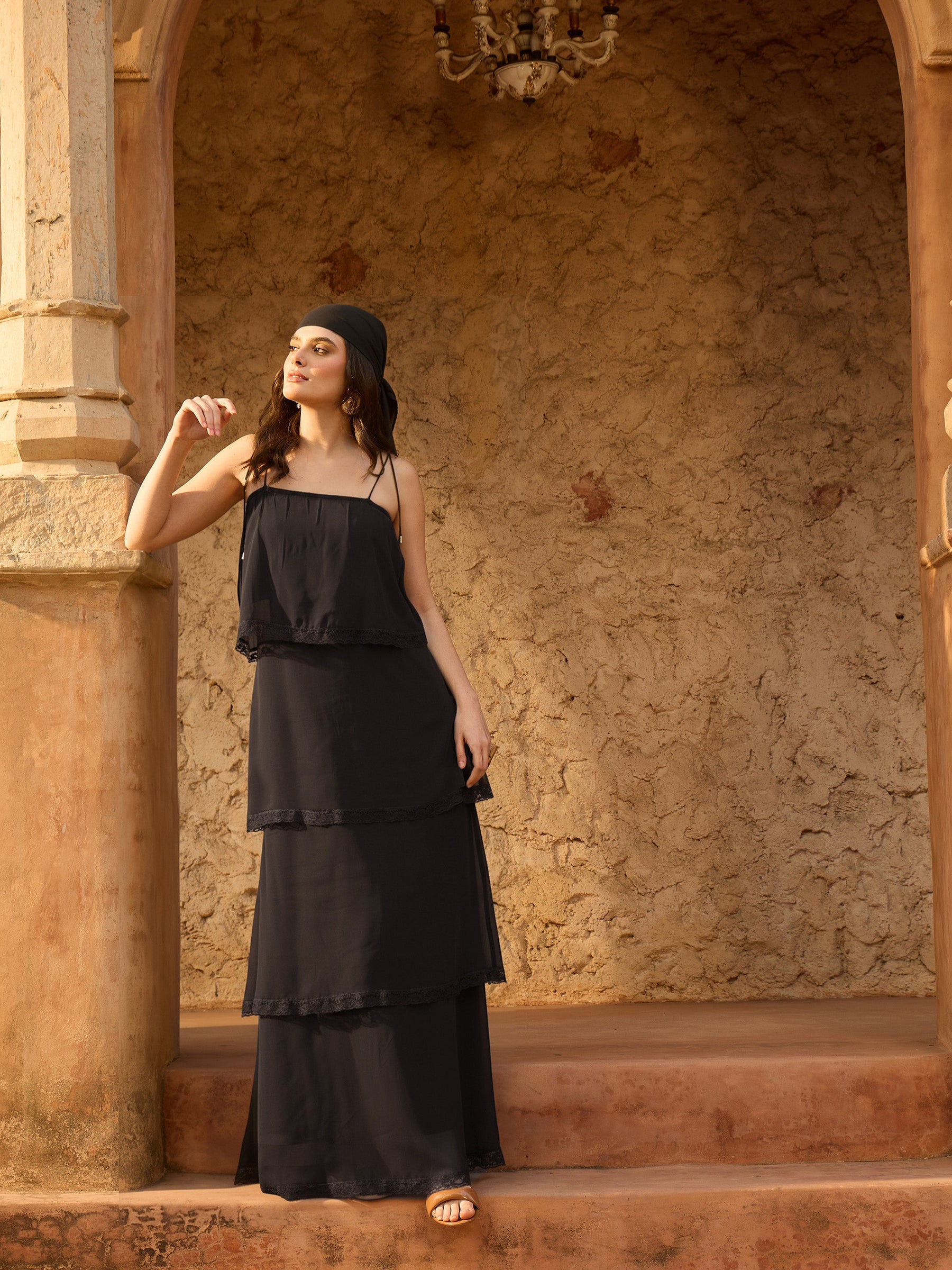 Black Frill Strappy Maxi Dress-SASSAFRAS
