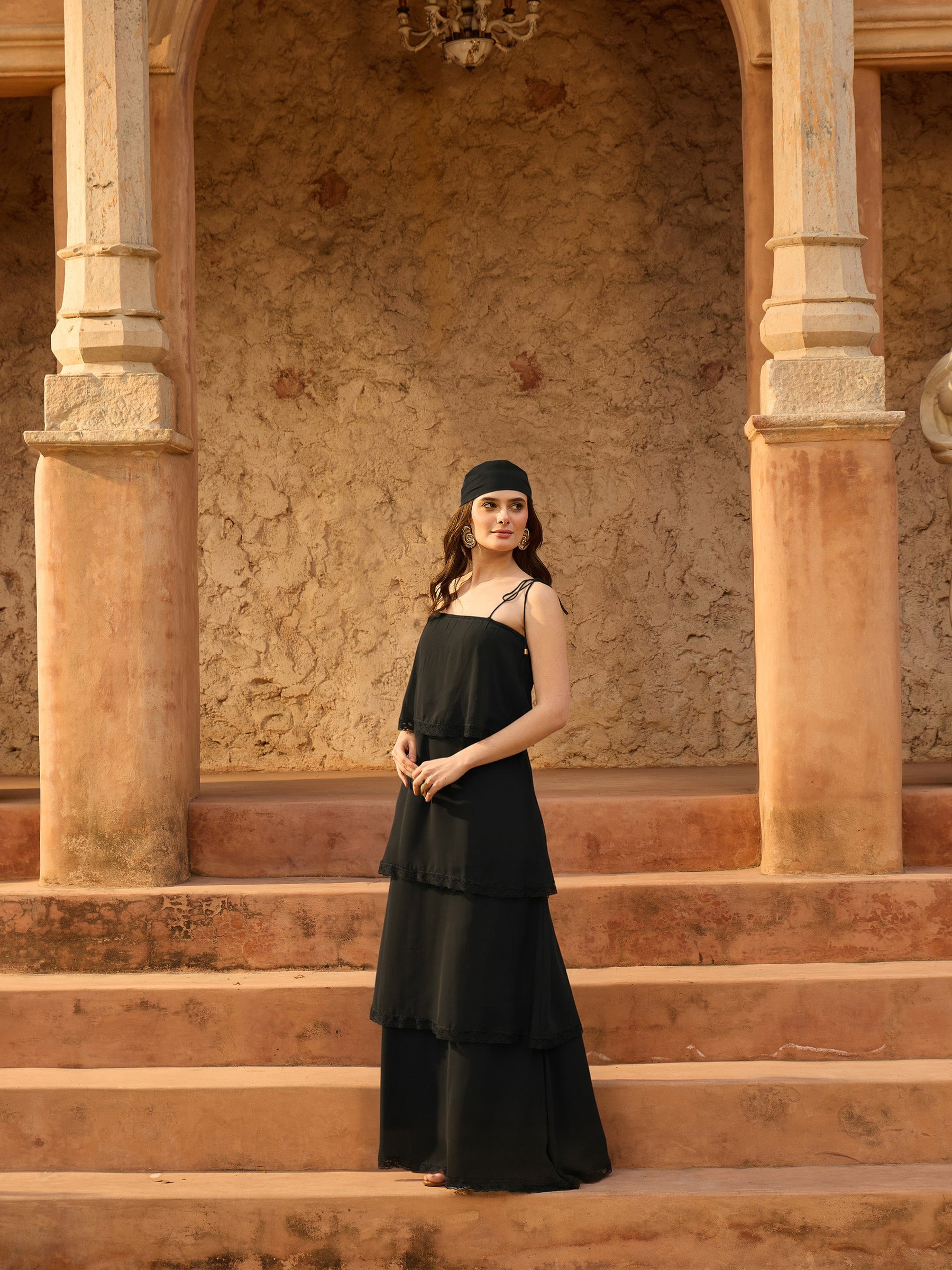 Black Frill Strappy Maxi Dress-SASSAFRAS