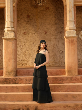 Black Frill Strappy Maxi Dress-SASSAFRAS