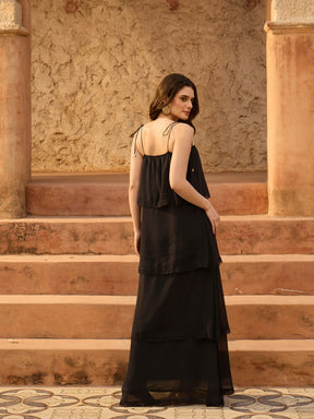 Black Frill Strappy Maxi Dress-SASSAFRAS