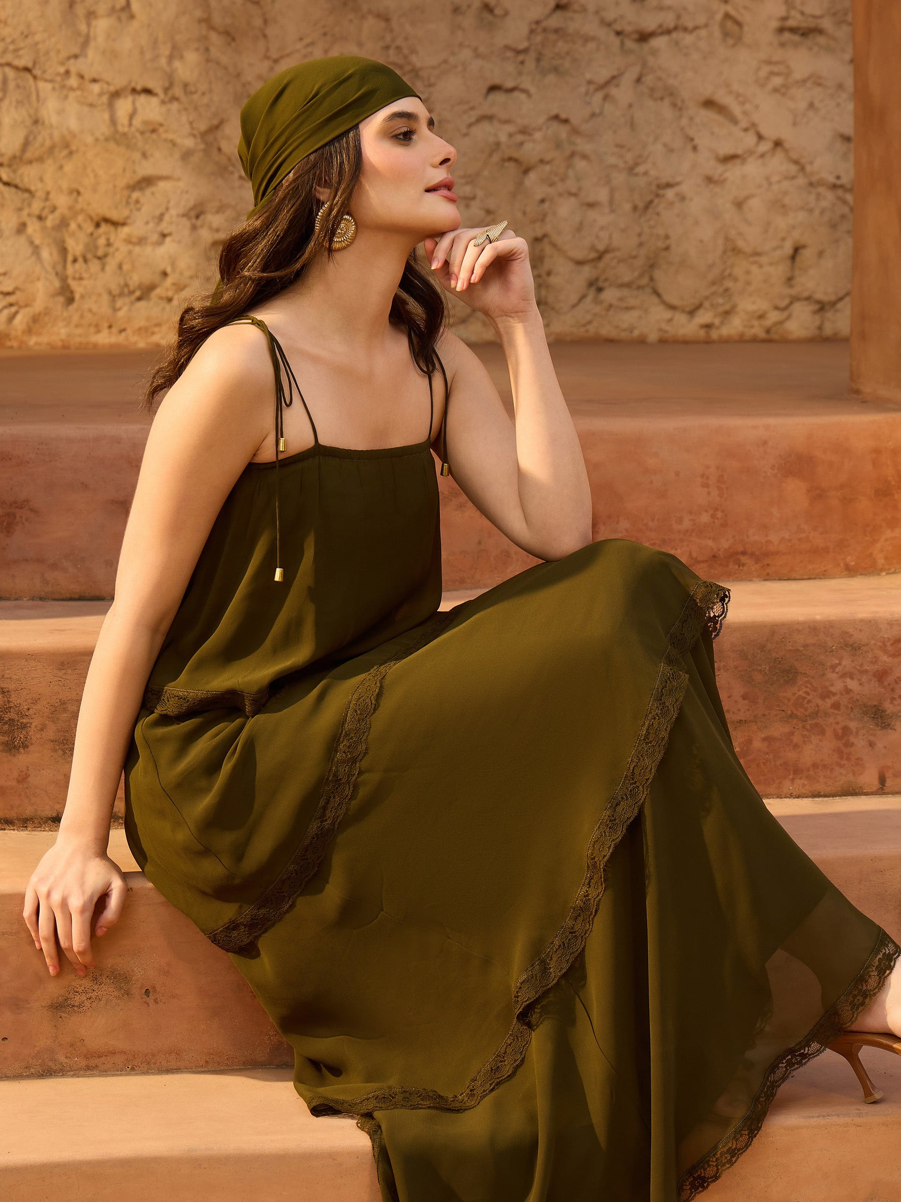 Olive Frill Strappy Maxi Dress-SASSAFRAS