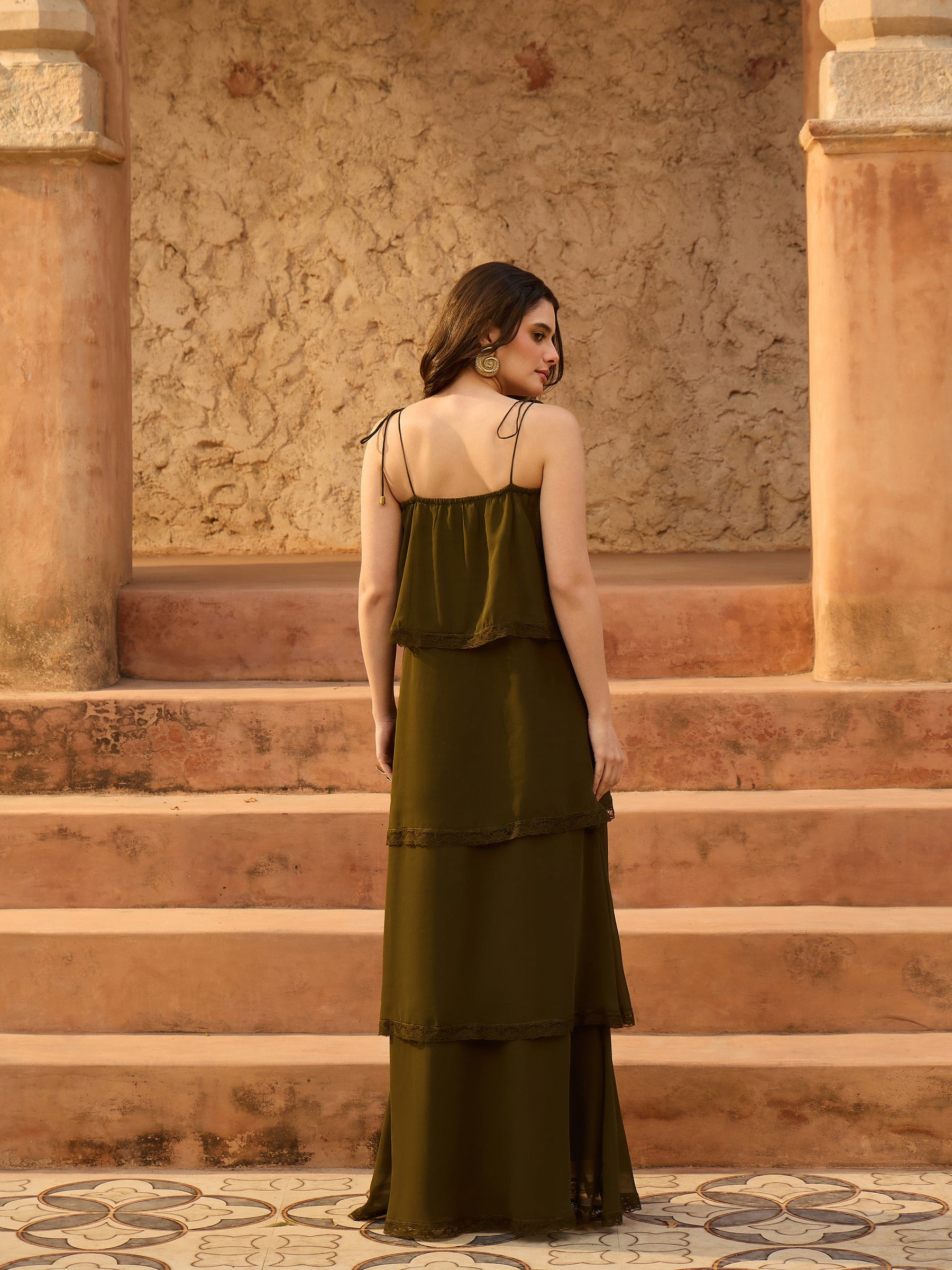 Olive Frill Strappy Maxi Dress-SASSAFRAS
