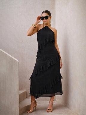 Black Halter Neck Maxi Dress-SASSAFRAS