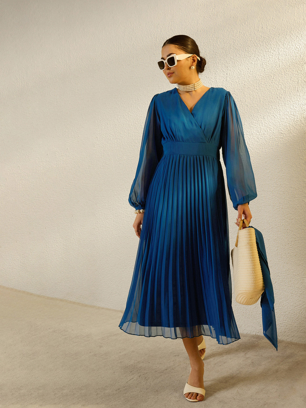 Blue V-Neck Full Sleeve Pleated Midi Dress-SASSAFRAS