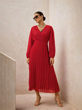 Red V-Neck Full Sleeve Pleated Midi Dress-SASSAFRAS