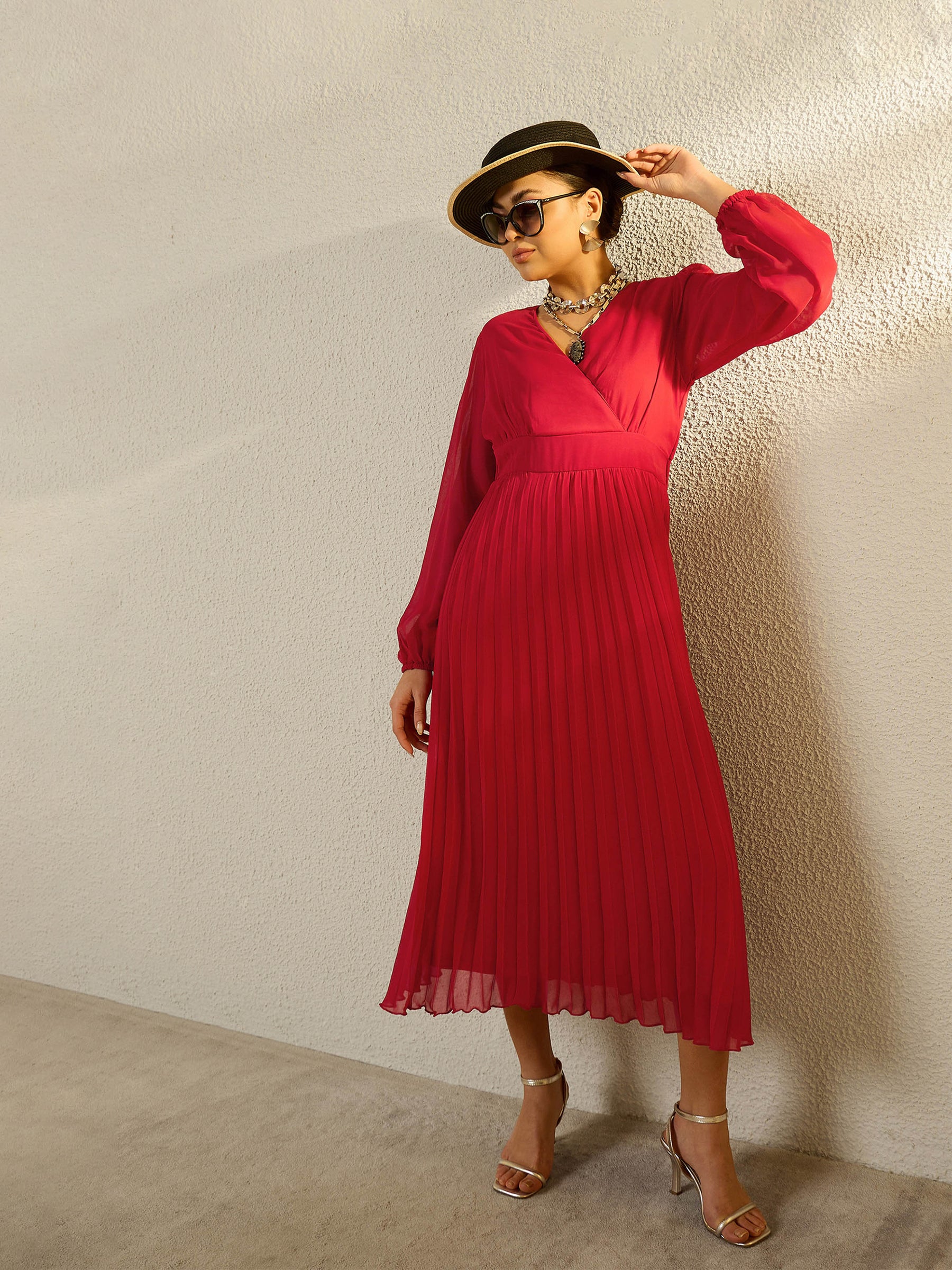Red V-Neck Full Sleeve Pleated Midi Dress-SASSAFRAS