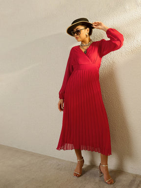 Red V-Neck Full Sleeve Pleated Midi Dress-SASSAFRAS