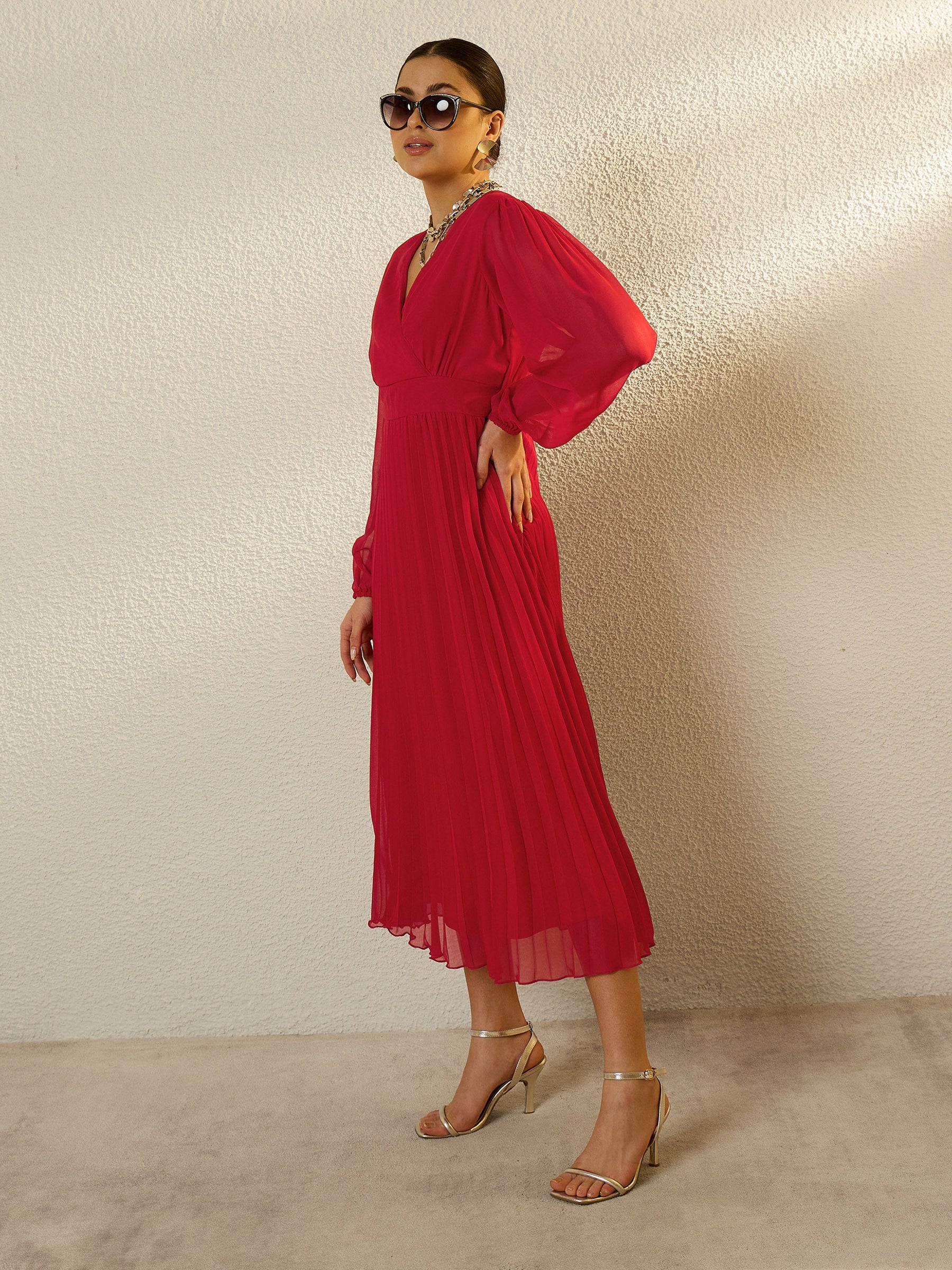 Red V-Neck Full Sleeve Pleated Midi Dress-SASSAFRAS