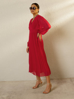 Red V-Neck Full Sleeve Pleated Midi Dress-SASSAFRAS