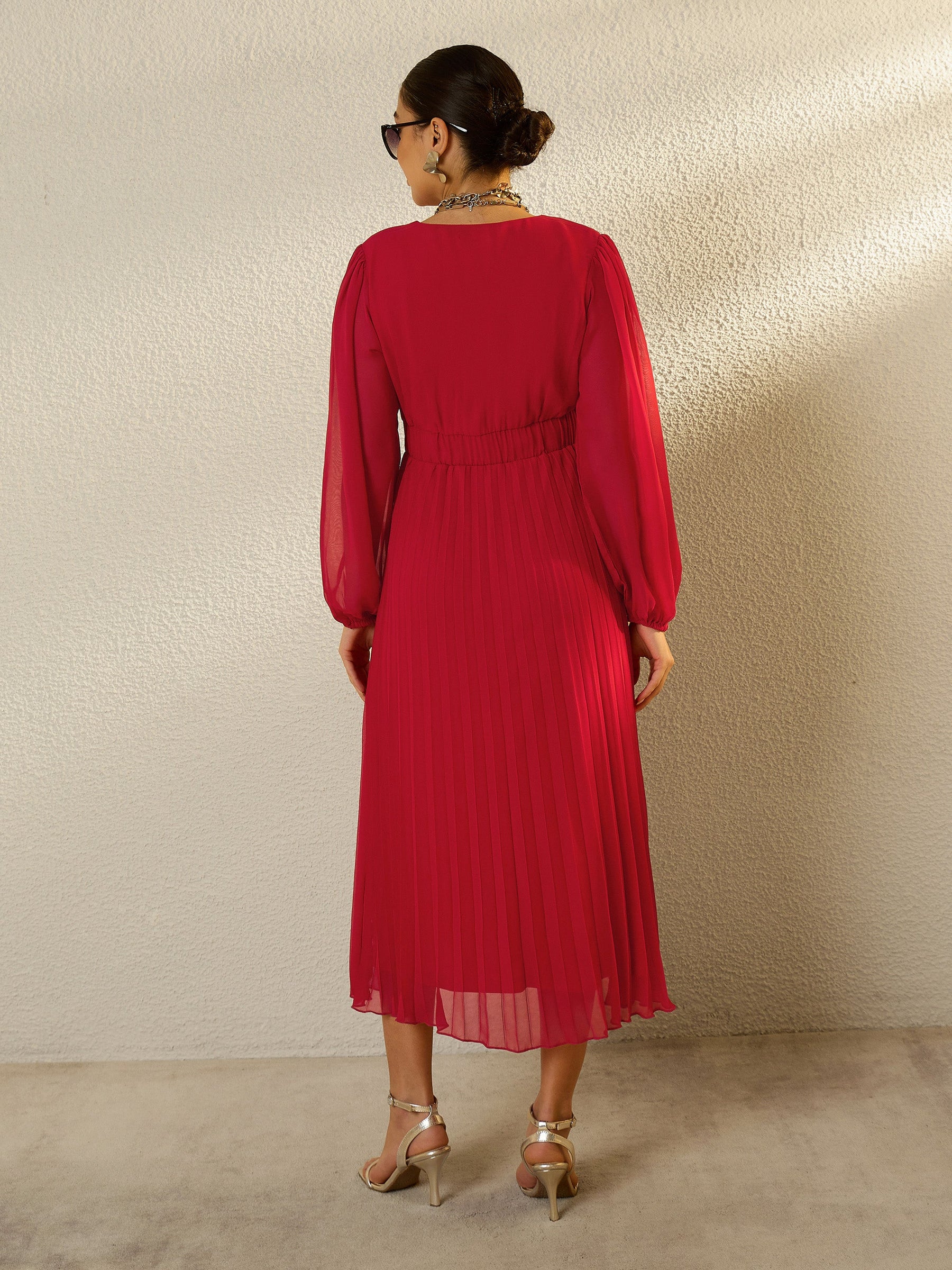 Red V-Neck Full Sleeve Pleated Midi Dress-SASSAFRAS