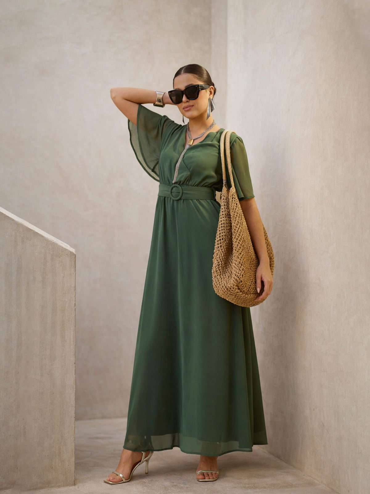 Green V-Neck Short Sleeve Belted Maxi Dress-SASSAFRAS