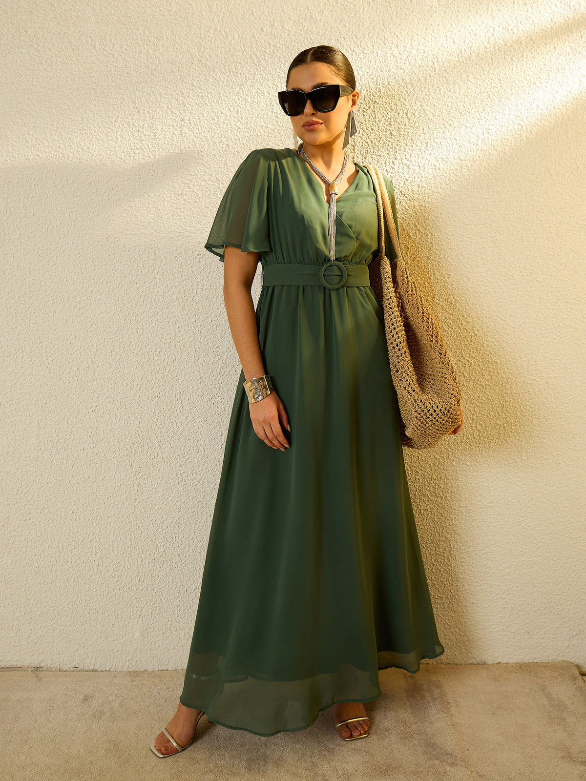 Green V-Neck Short Sleeve Belted Maxi Dress-SASSAFRAS