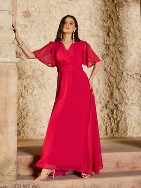 Fuchsia V-Neck Short Sleeve Belted Maxi Dress-SASSAFRAS