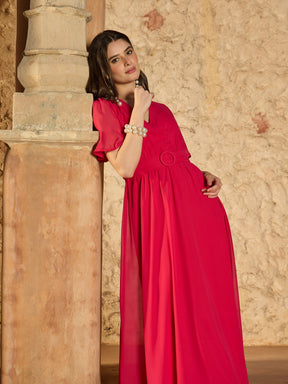 Fuchsia V-Neck Short Sleeve Belted Maxi Dress-SASSAFRAS