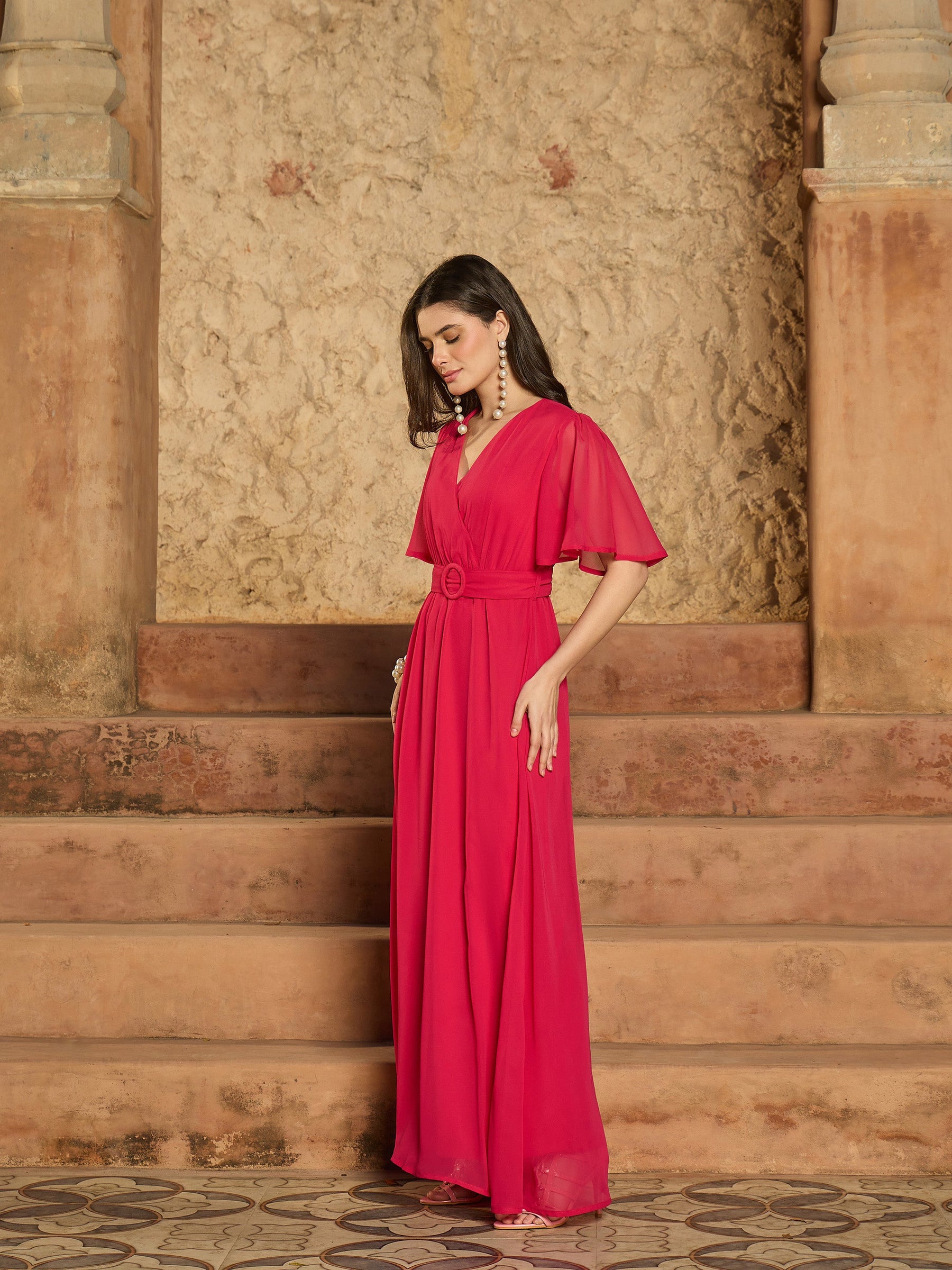 Fuchsia V-Neck Short Sleeve Belted Maxi Dress-SASSAFRAS