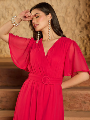 Fuchsia V-Neck Short Sleeve Belted Maxi Dress-SASSAFRAS
