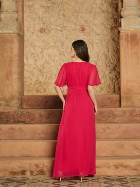 Fuchsia V-Neck Short Sleeve Belted Maxi Dress-SASSAFRAS