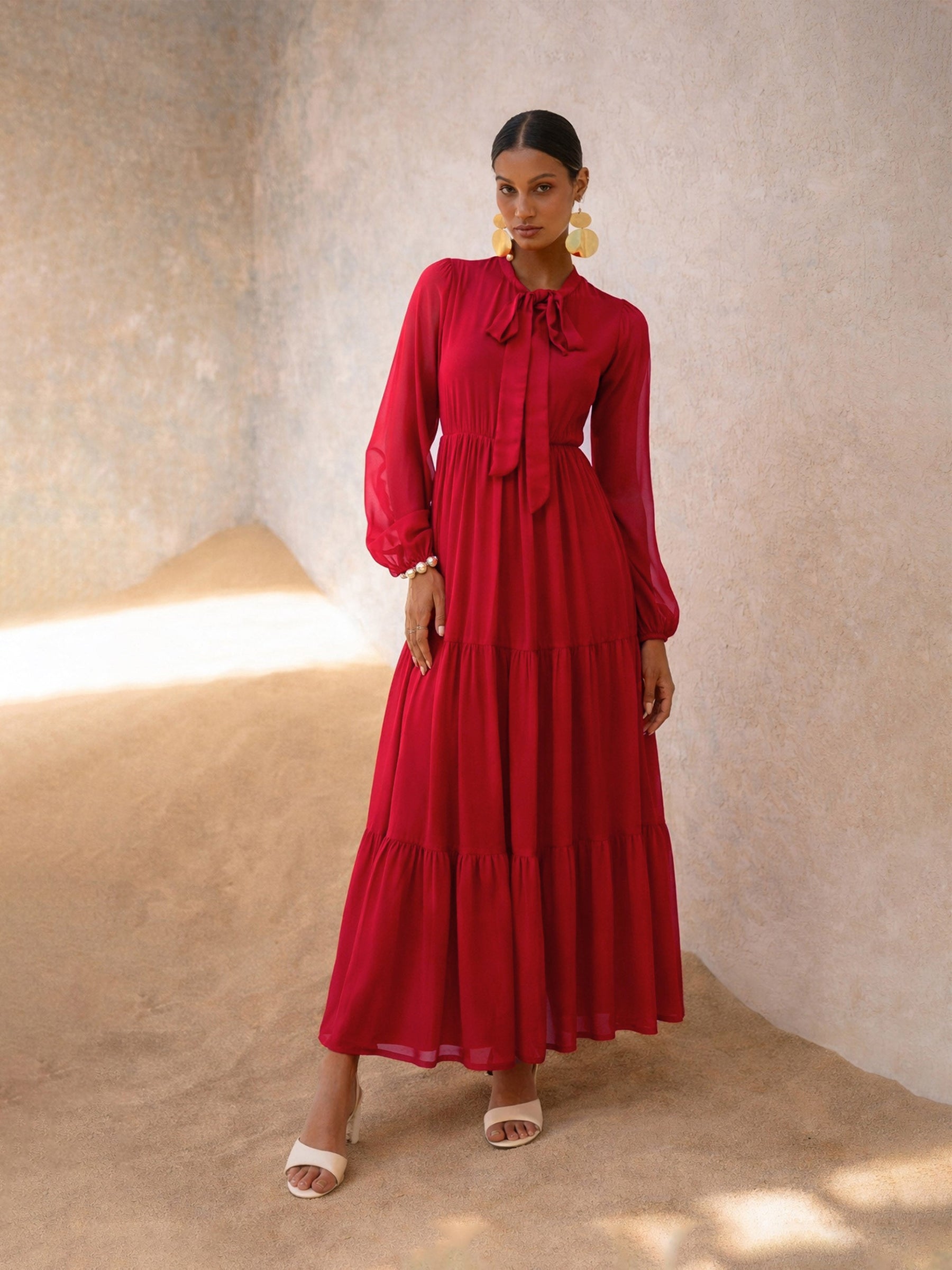 Red Round Neck Full Sleeve Maxi Dress-SASSAFRAS