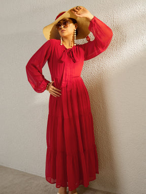 Red Round Neck Full Sleeve Maxi Dress-SASSAFRAS