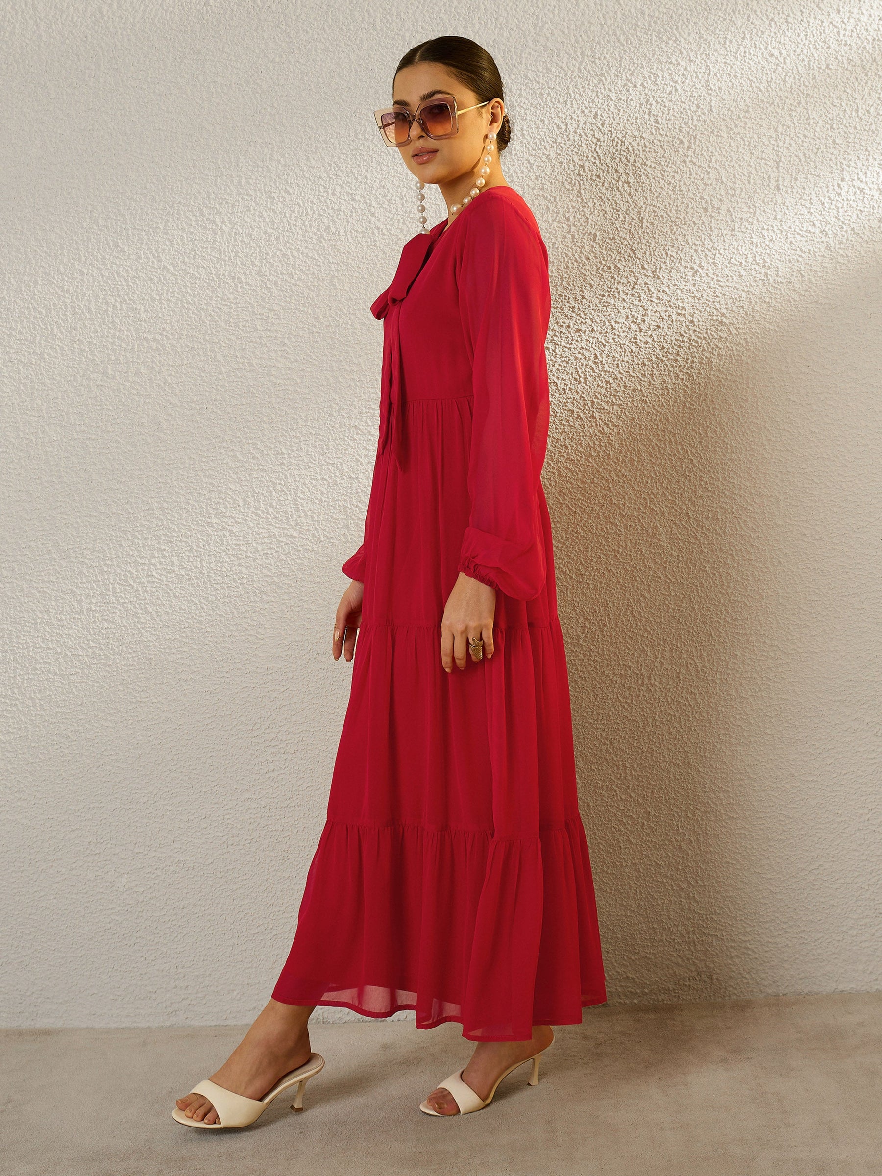 Red Round Neck Full Sleeve Maxi Dress-SASSAFRAS