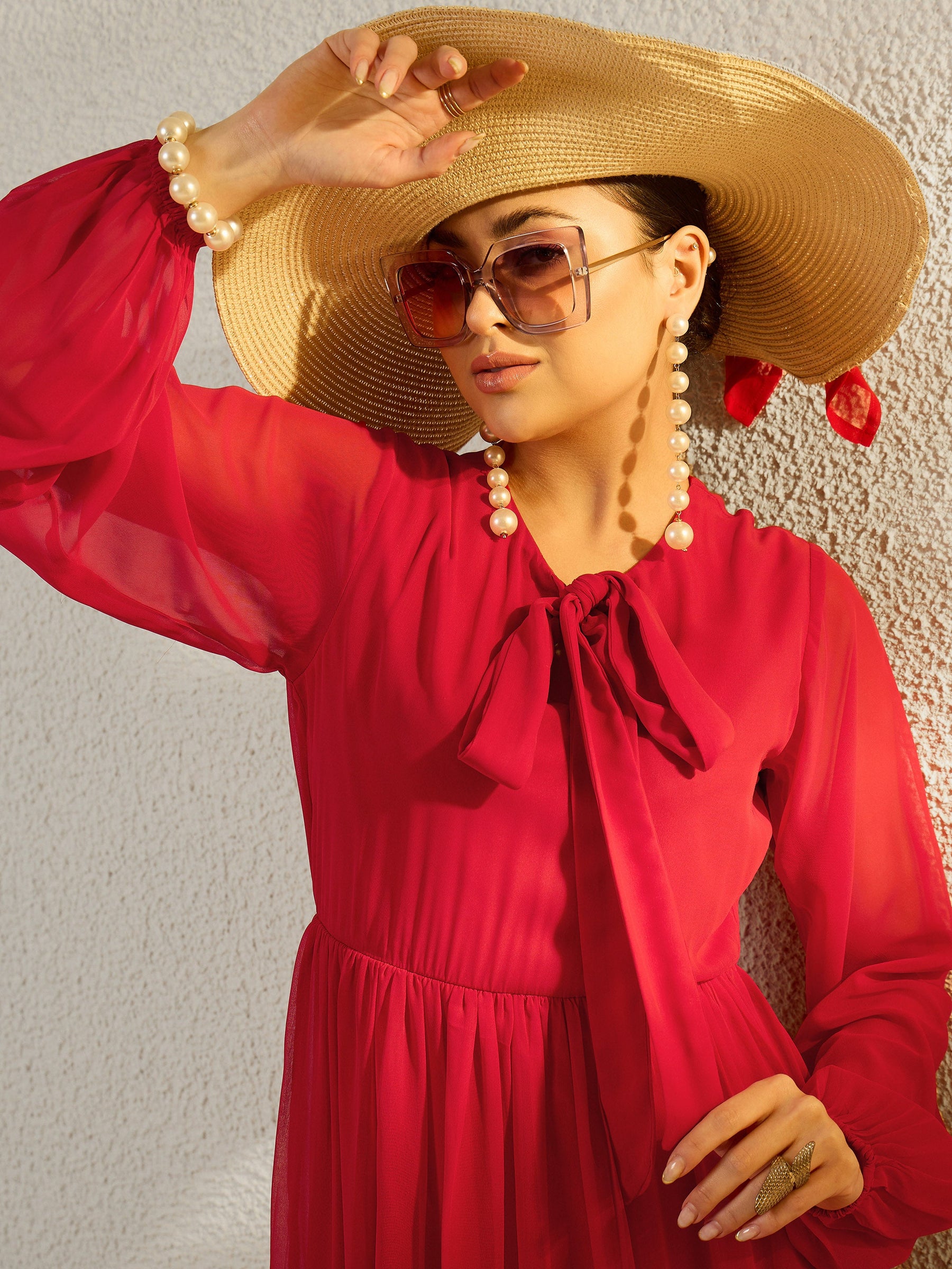 Red Round Neck Full Sleeve Maxi Dress-SASSAFRAS