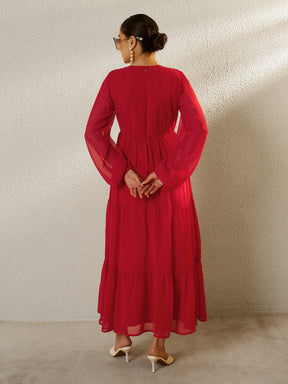 Red Round Neck Full Sleeve Maxi Dress-SASSAFRAS