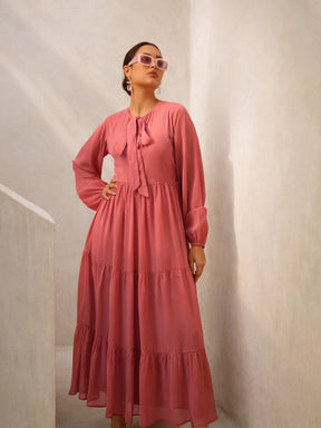 Pink Round Neck Full Sleeve Maxi Dress-SASSAFRAS