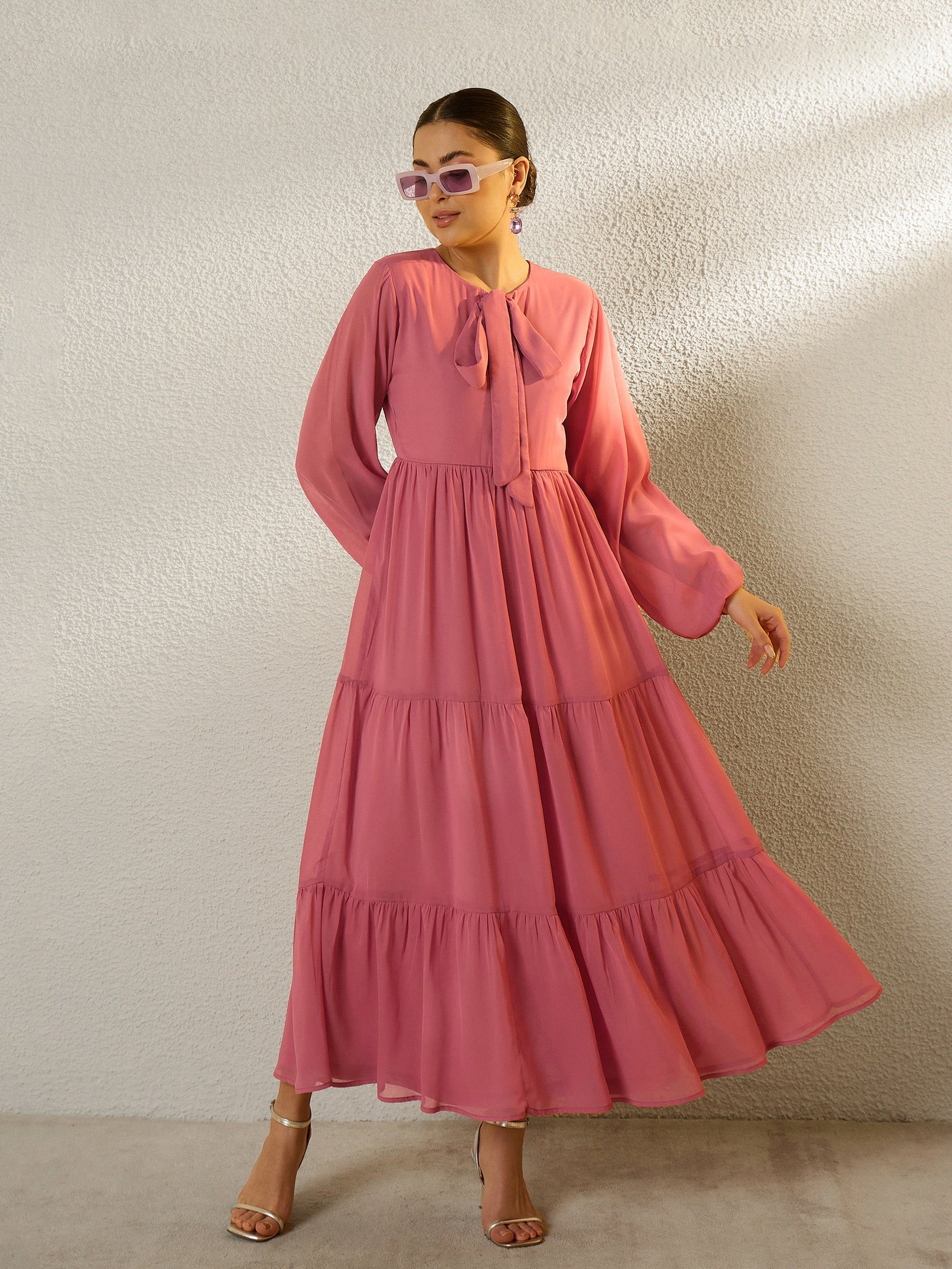 Pink Round Neck Full Sleeve Maxi Dress-SASSAFRAS