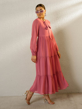 Pink Round Neck Full Sleeve Maxi Dress-SASSAFRAS
