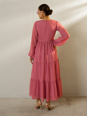 Pink Round Neck Full Sleeve Maxi Dress-SASSAFRAS