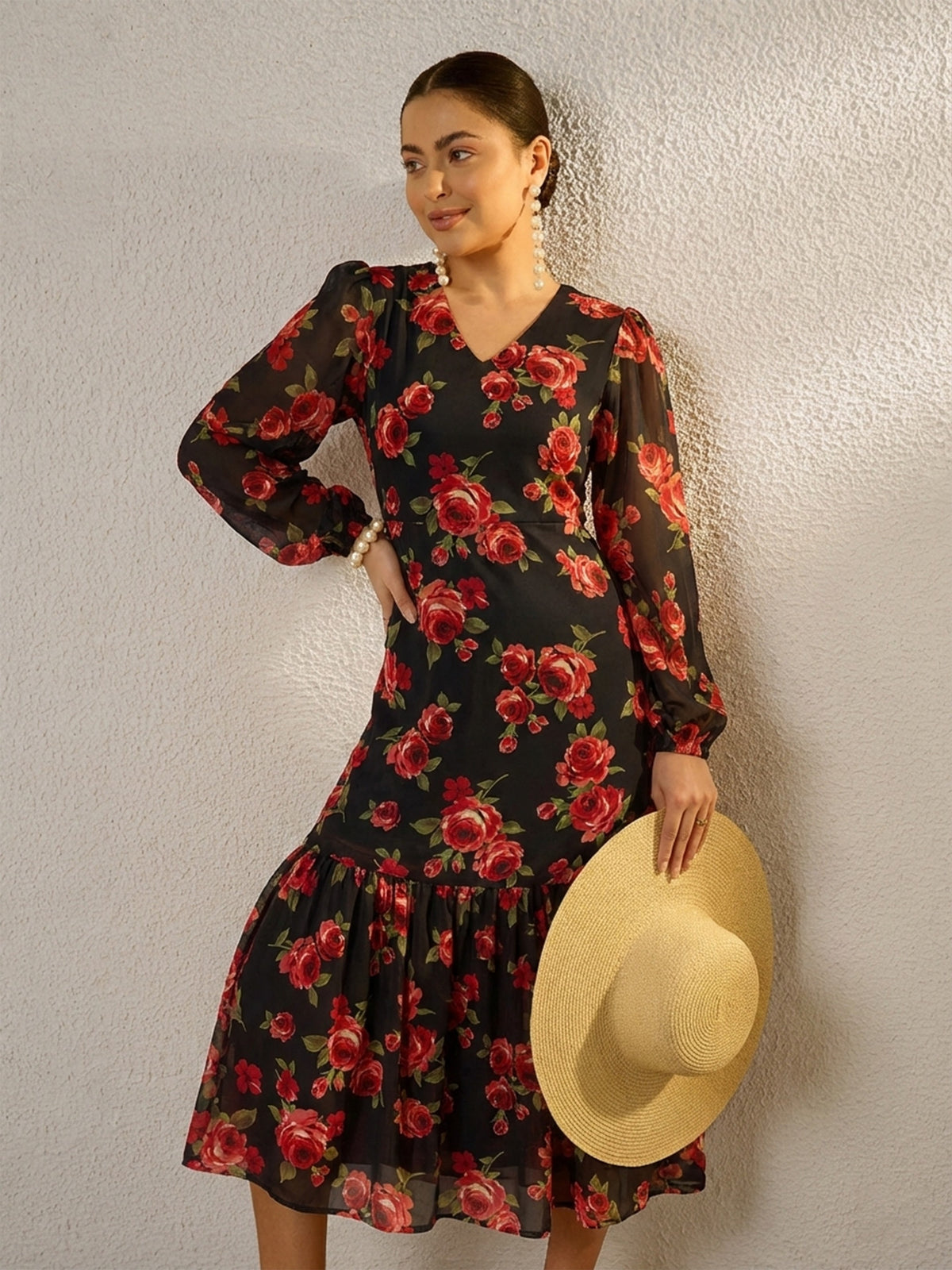 Women Black Floral Balloon Sleeve Midi Dress