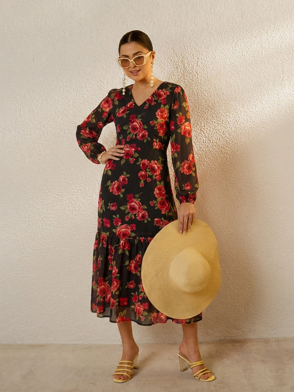 Women Black Floral Balloon Sleeve Midi Dress