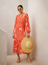 Orange Floral Balloon Sleeve Midi Dress-SASSAFRAS