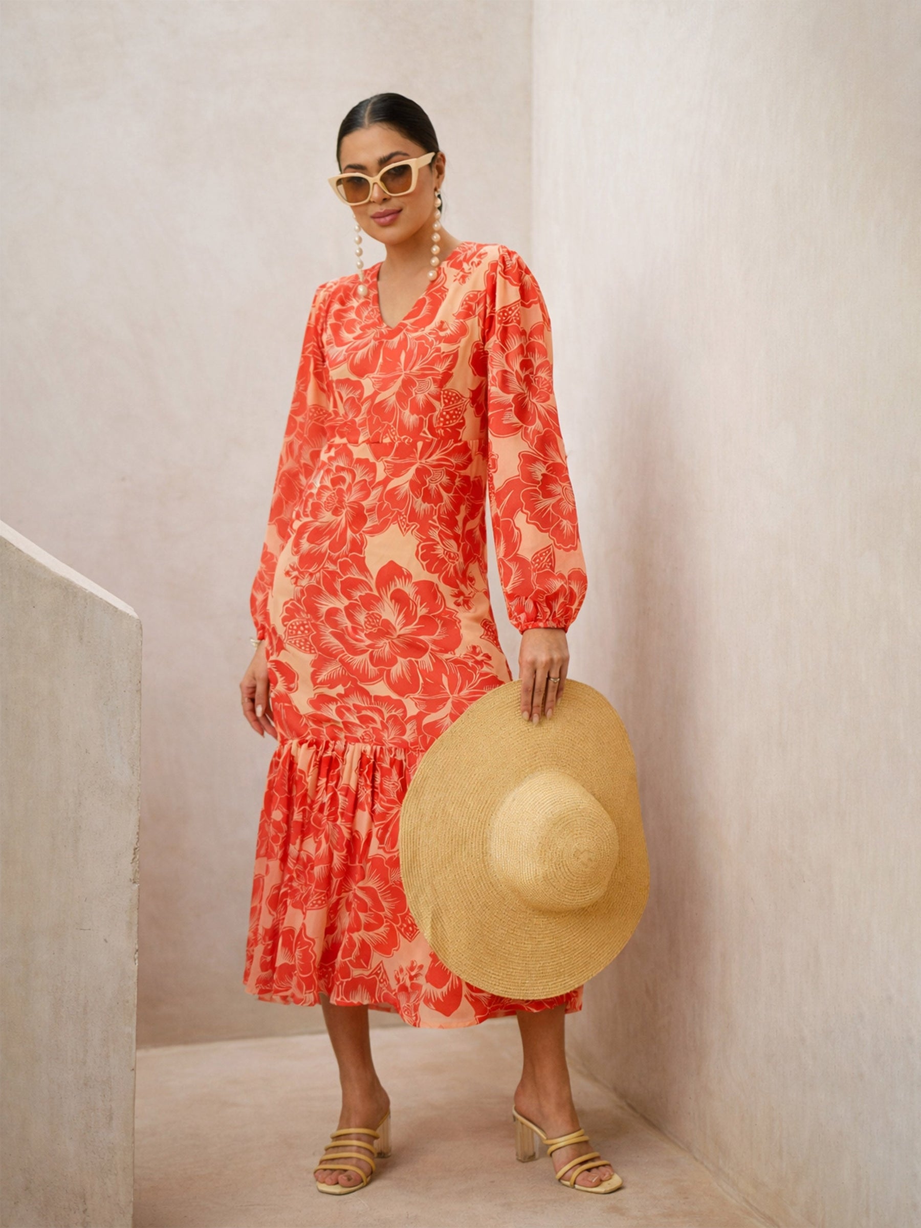 Orange Floral Balloon Sleeve Midi Dress-SASSAFRAS