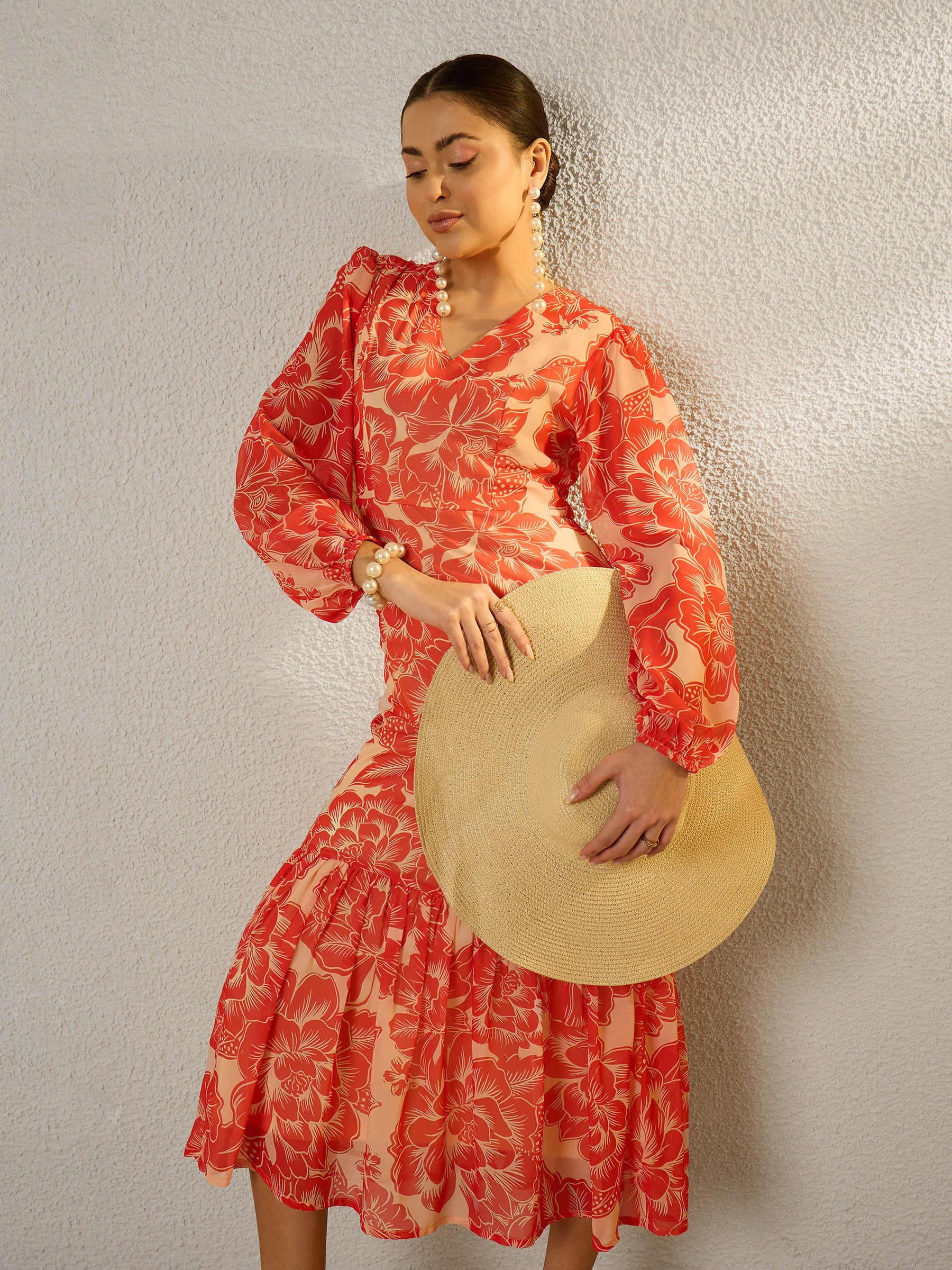 Orange Floral Balloon Sleeve Midi Dress-SASSAFRAS