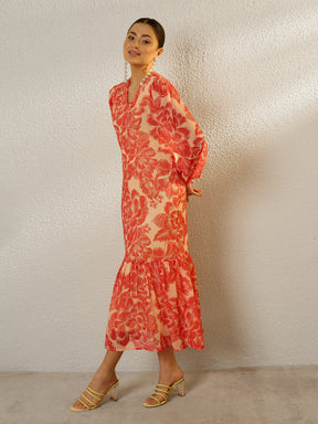 Orange Floral Balloon Sleeve Midi Dress-SASSAFRAS