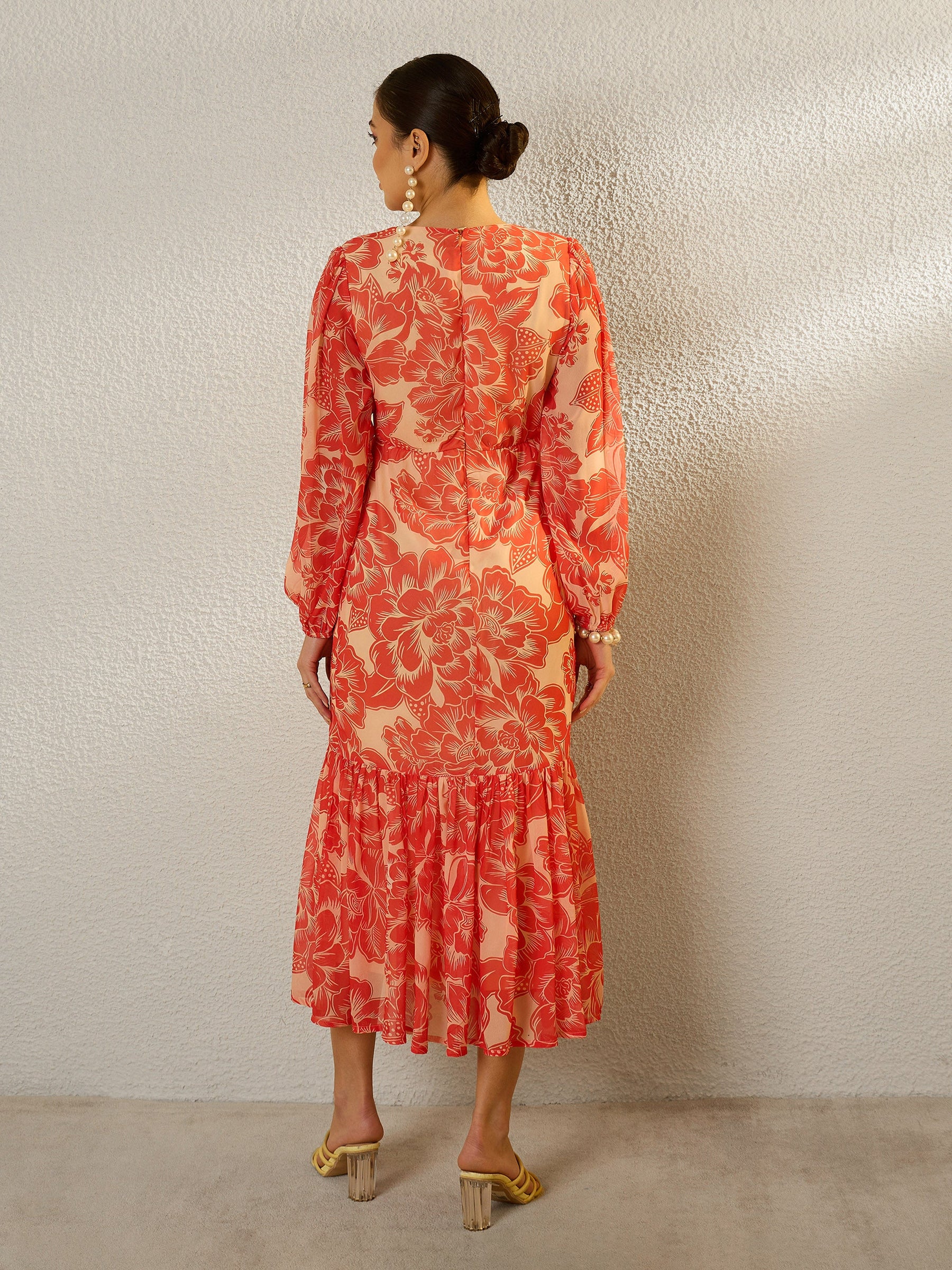 Orange Floral Balloon Sleeve Midi Dress-SASSAFRAS