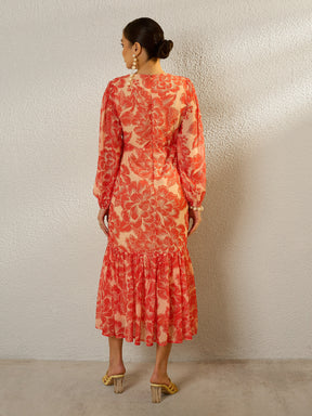 Orange Floral Balloon Sleeve Midi Dress-SASSAFRAS
