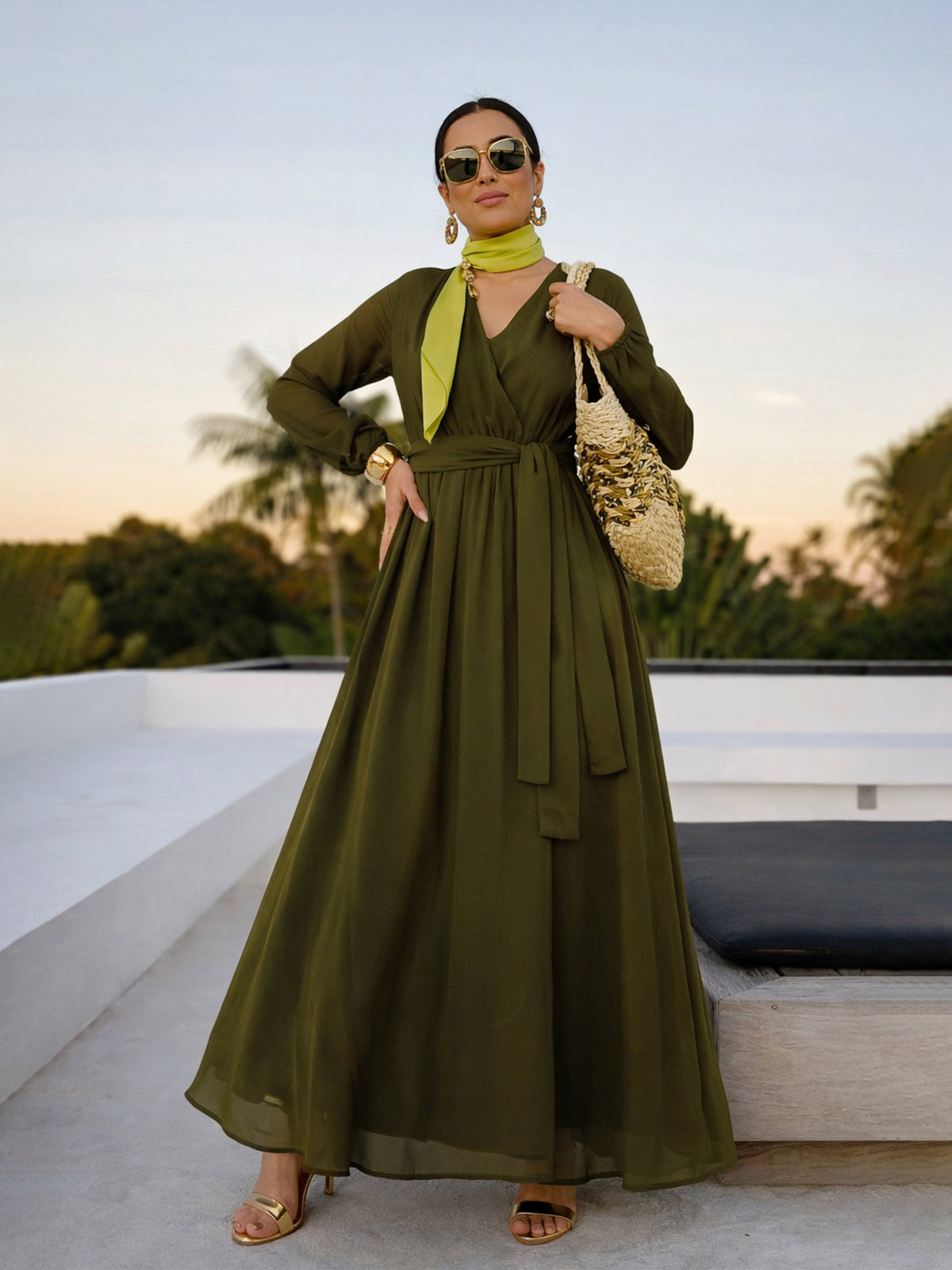 Olive V-Neck Full Sleeve Maxi Dress-SASSAFRAS