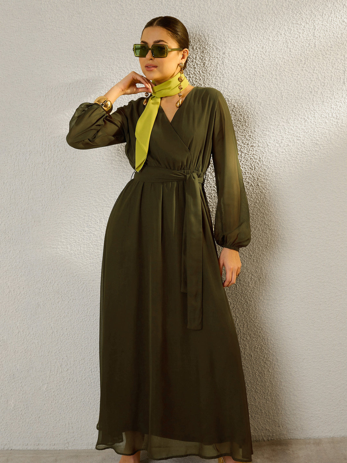 Olive V-Neck Full Sleeve Maxi Dress-SASSAFRAS