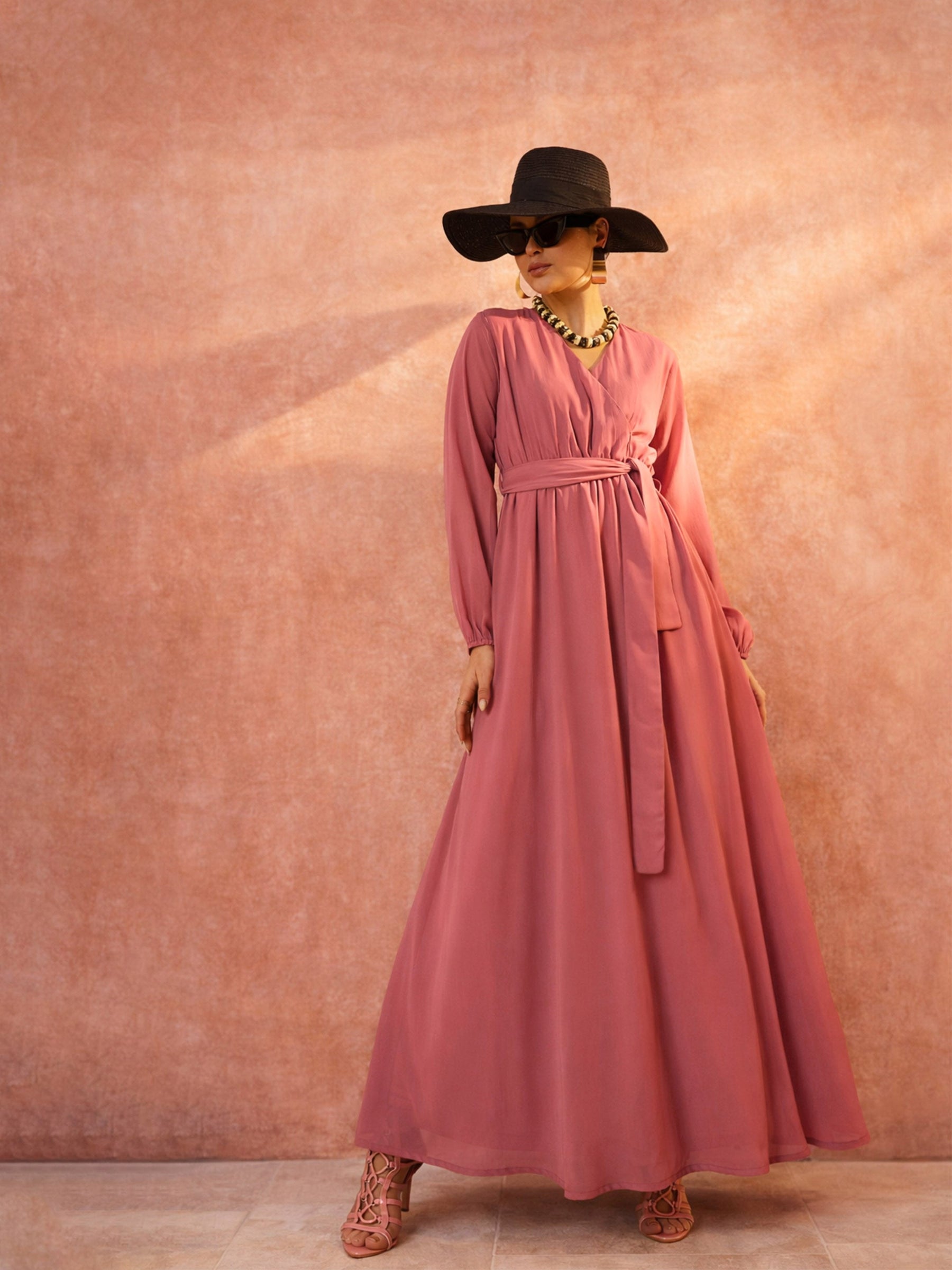 Pink V-Neck Full Sleeve Maxi Dress-SASSAFRAS