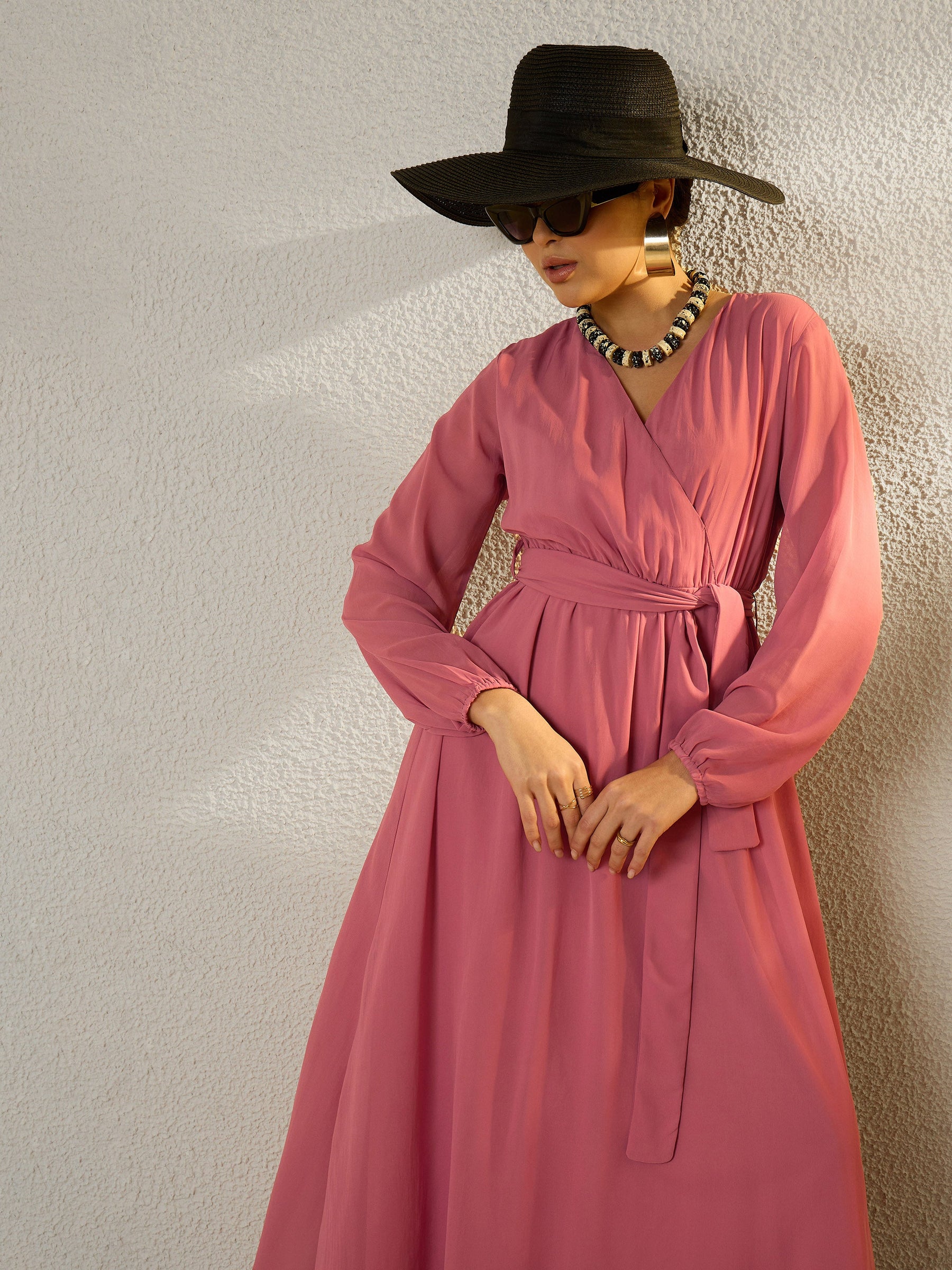 Pink V-Neck Full Sleeve Maxi Dress-SASSAFRAS