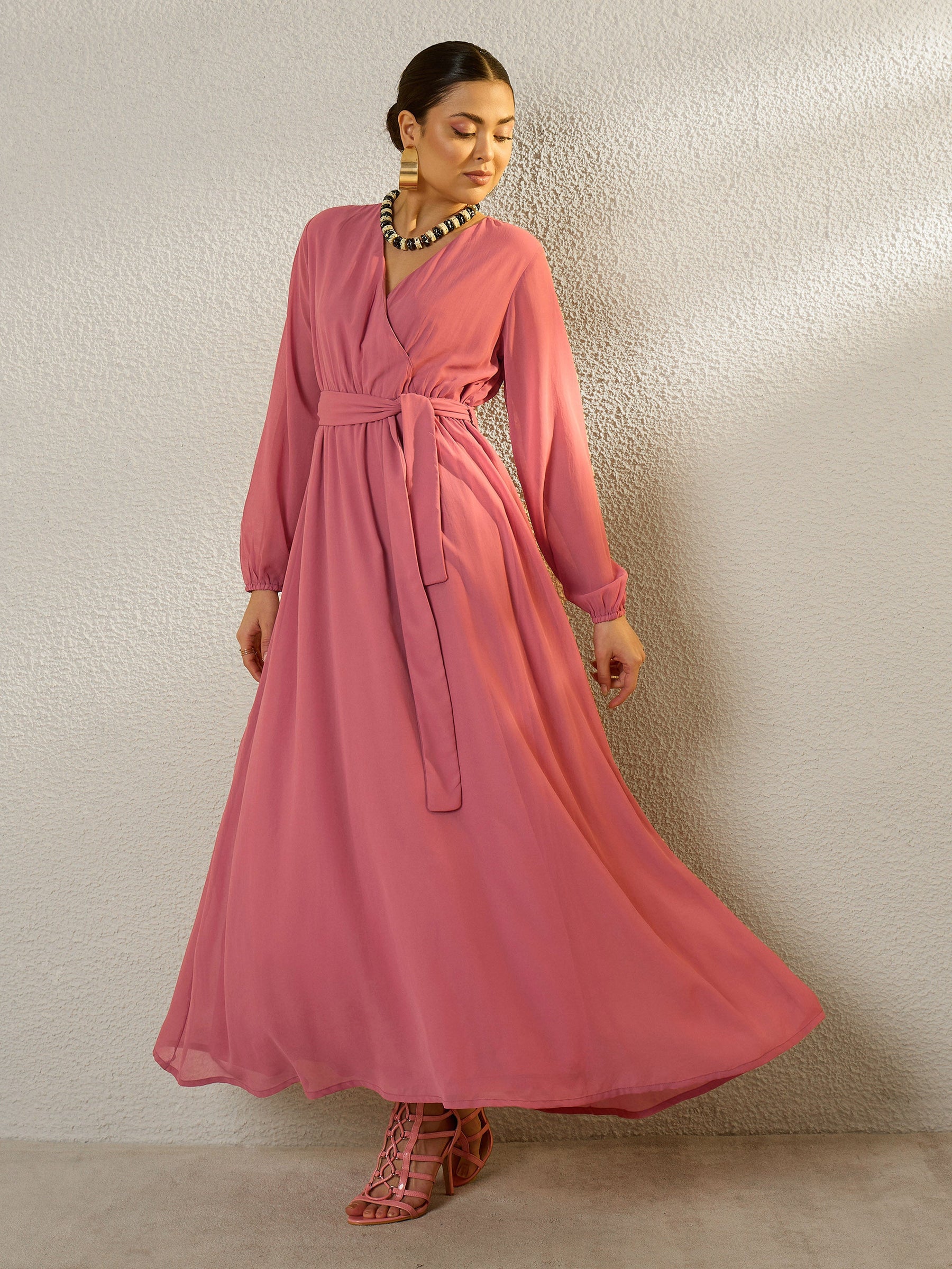 Pink V-Neck Full Sleeve Maxi Dress-SASSAFRAS