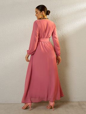 Pink V-Neck Full Sleeve Maxi Dress-SASSAFRAS
