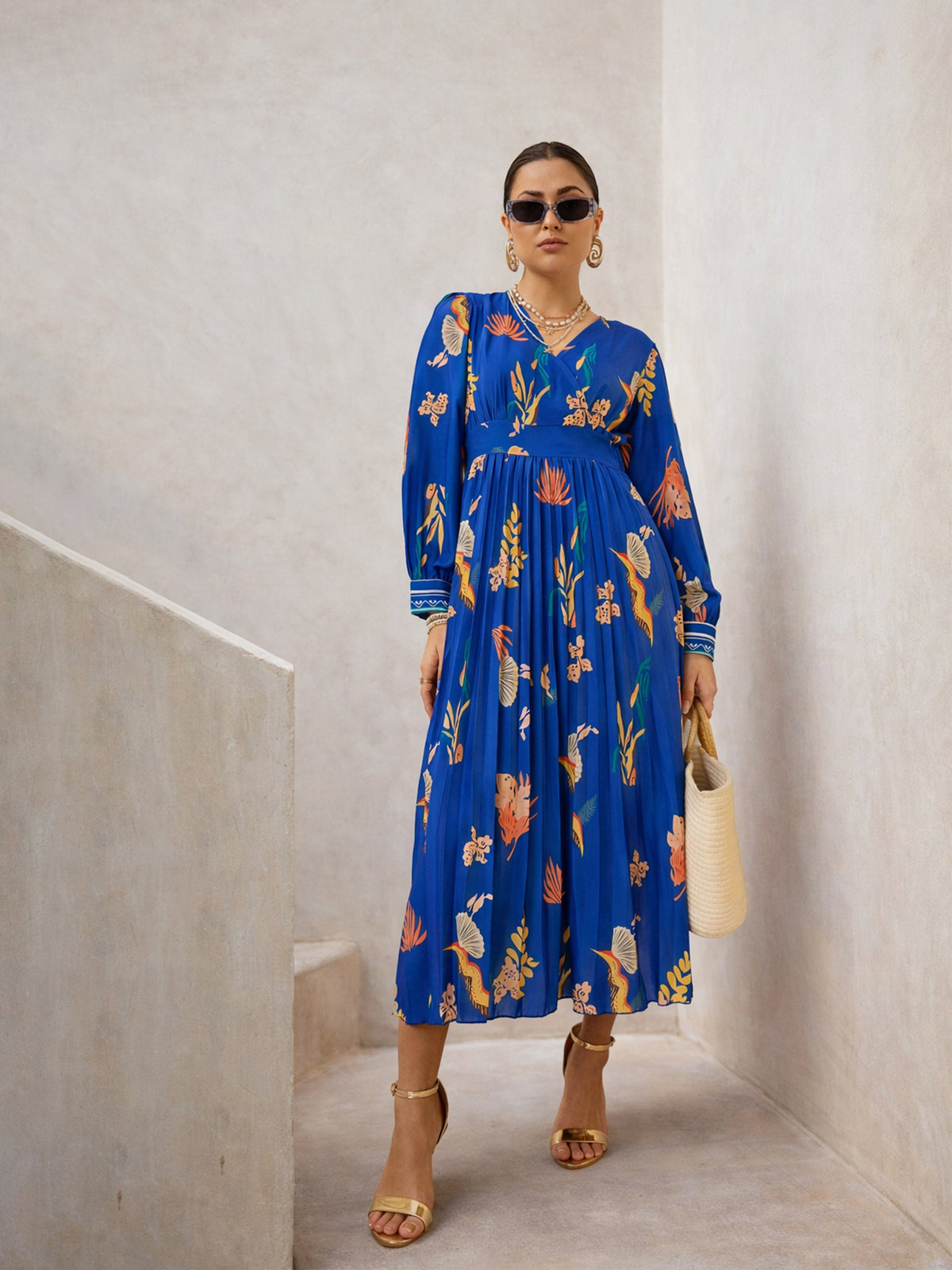 Blue Tropical Full Sleeves Pleated Midi Dress-SASSAFRAS