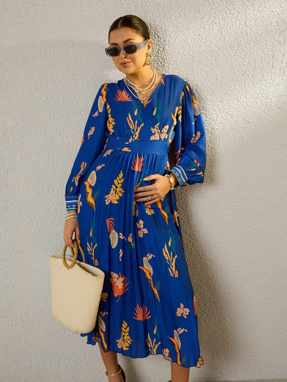 Blue Tropical Full Sleeves Pleated Midi Dress-SASSAFRAS
