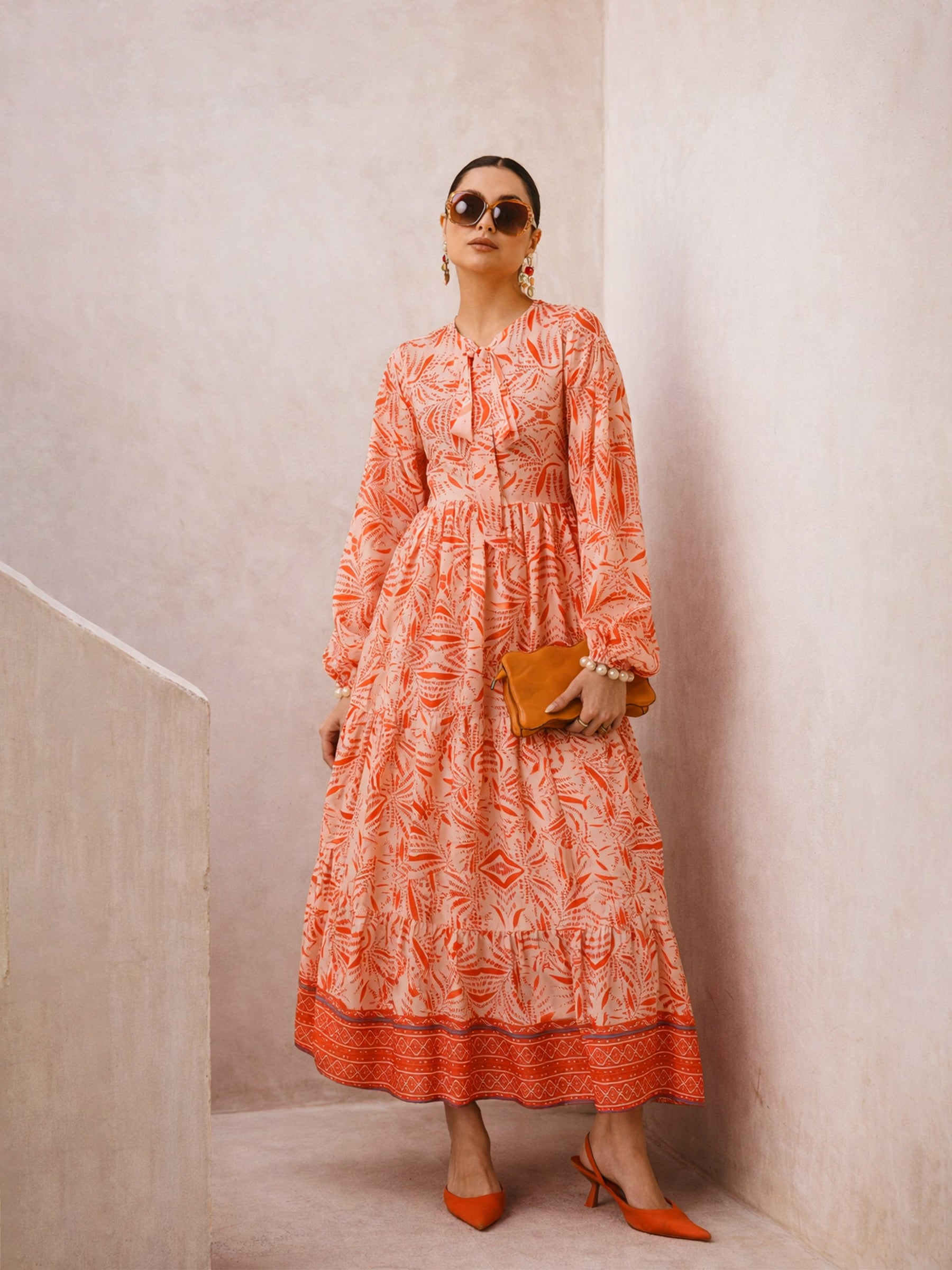 Orange Conversational Print Full Sleeves Maxi Dress-SASSAFRAS