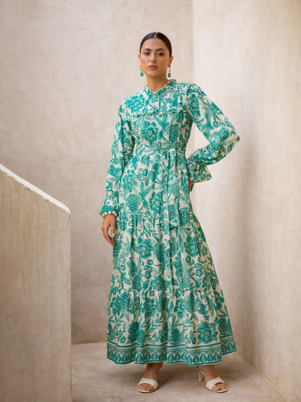 Green Floral Full Sleeve Maxi Dress-SASSAFRAS