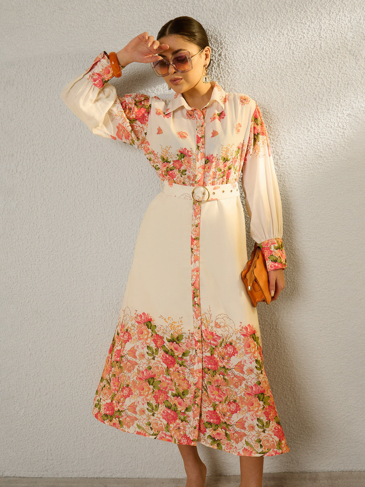 Off White Floral Midi Belted Shirt Dress-SASSAFRAS