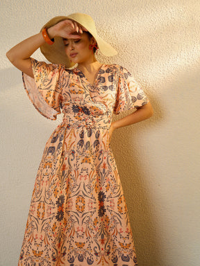 Peach Floral V-Neck Short Sleeve Belted Maxi Dress-SASSAFRAS